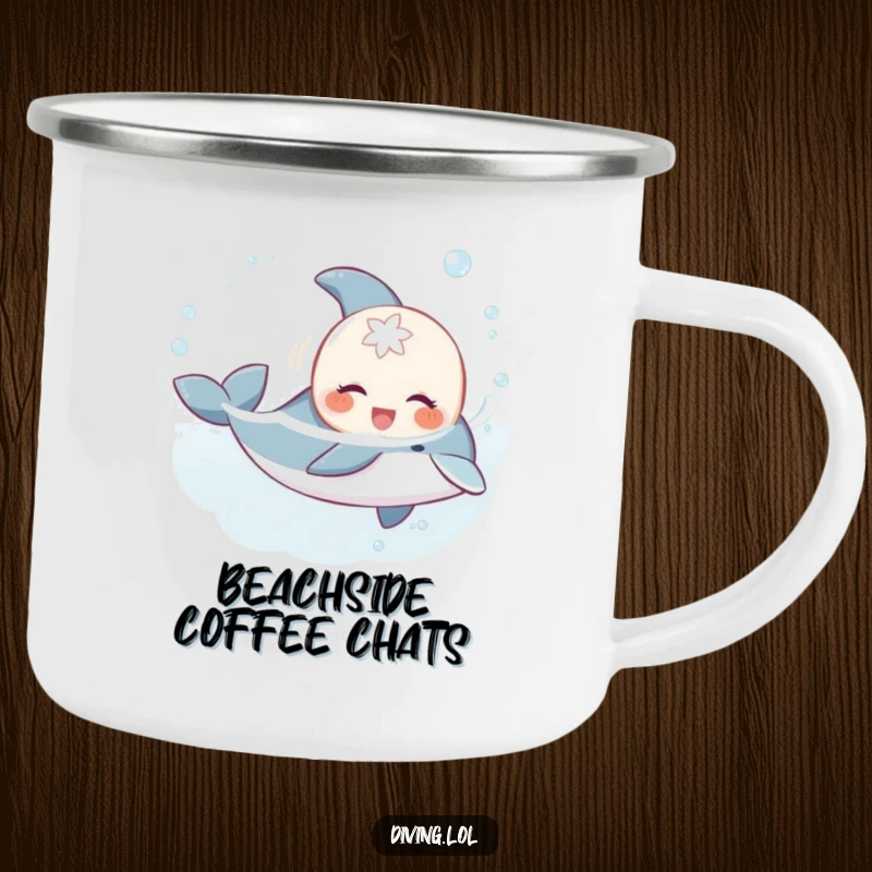 Funny sweet creature camping mug, gleefully swimming with a playful dolphin, a durable and funny drinkware.