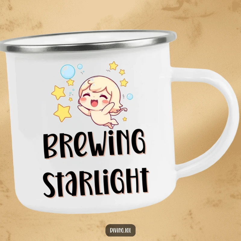 Funny camping mug with a cute character joyfully blowing underwater star-shaped bubbles, perfect for outdoor magic.