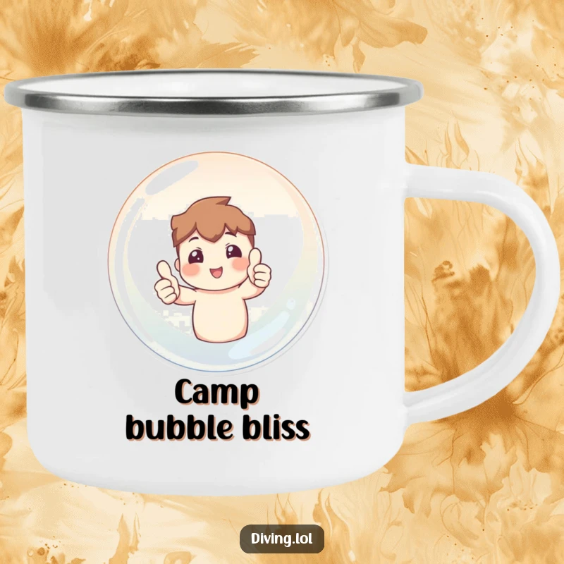 Funny enamel camping mug featuring a character giving two thumbs up from inside a bubble, ready for outdoor fun.