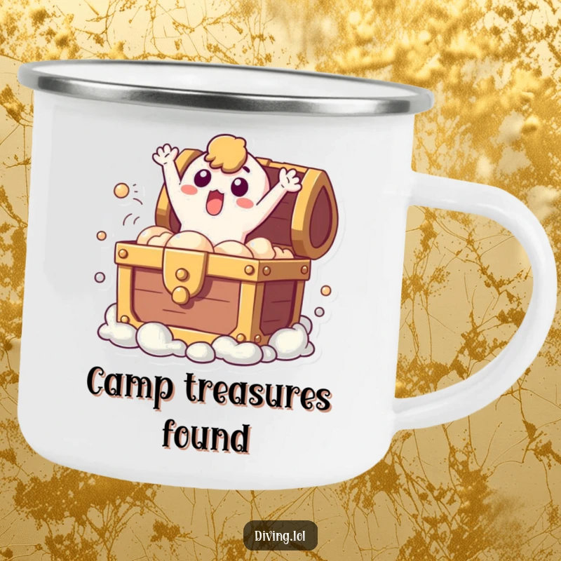 Funny camping mug with a surprised character bursting from a treasure chest, bringing unexpected joy to outdoor experiences.