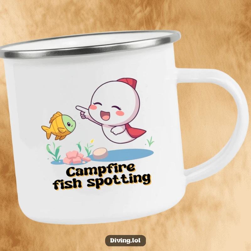 Funny fish pointer camping mug showing an excited character pointing at a nearby swimming fish, perfect for enjoying hot beverages during outdoor escapades.