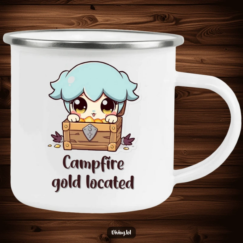 Funny camping mug featuring a character's wide, shining eyes discovering a treasure chest, celebrating outdoor exploration and joy.
