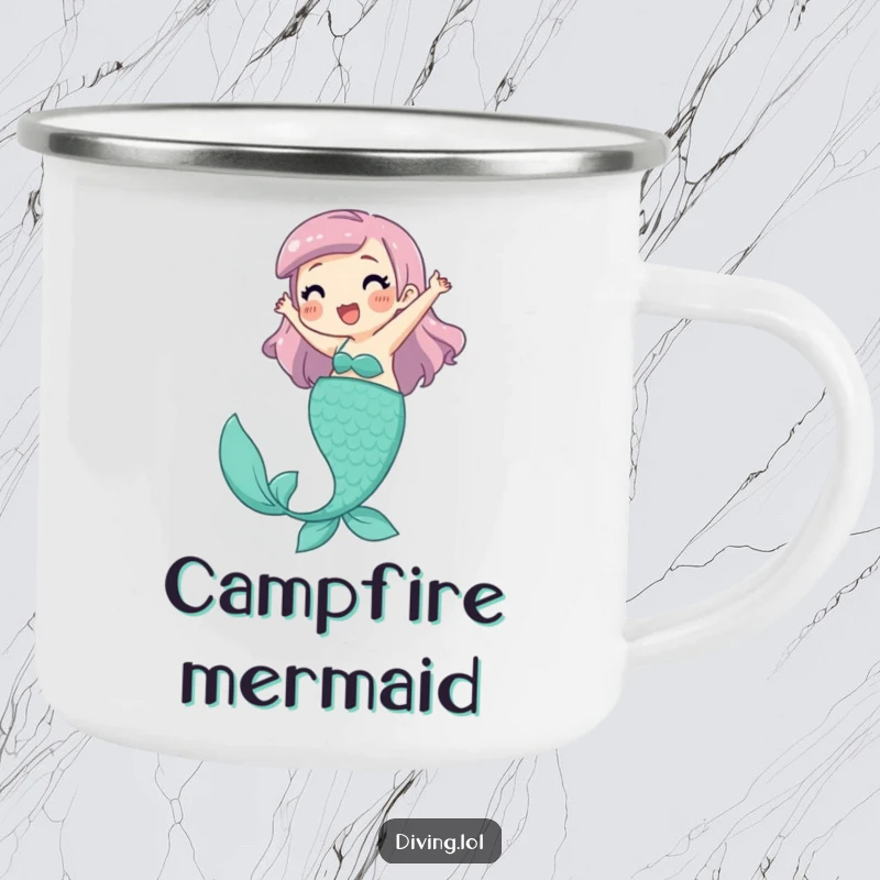 Funny Camping Mug with a playful character joyfully kicking legs, pretending to be a mermaid, for outdoor enjoyment.