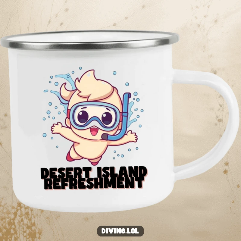 Funny cute character camping mug, making a big splash while diving with a snorkel, a durable and funny drinkware.