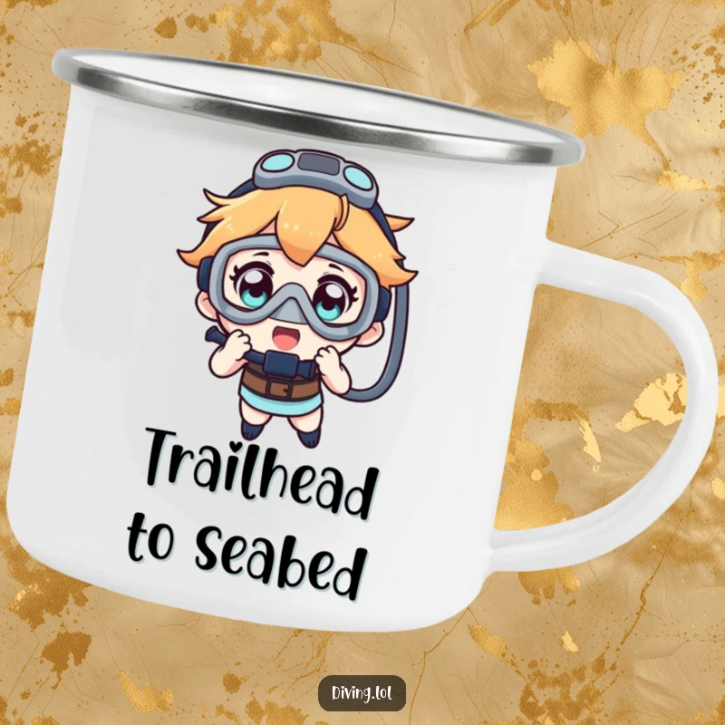 Funny camping mug showing a character filled with wonder while holding a dive mask, ready for outdoor exploration.
