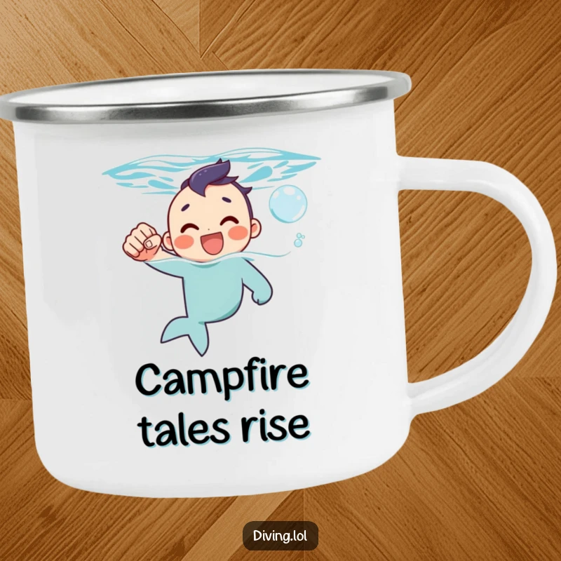 Funny camping mug of a character triumphantly surfacing with a fist pump and a happy bubble, ready for adventure.