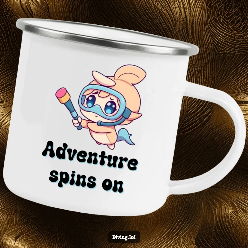 Funny camping mug of a character spinning a snorkel like a baton, embodying pure fun and outdoor enjoyment.