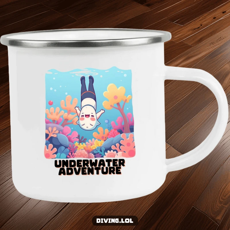 Funny underwater camping mug, showing a character giggling upside down amongst colorful coral outdoors, great for adventures.
