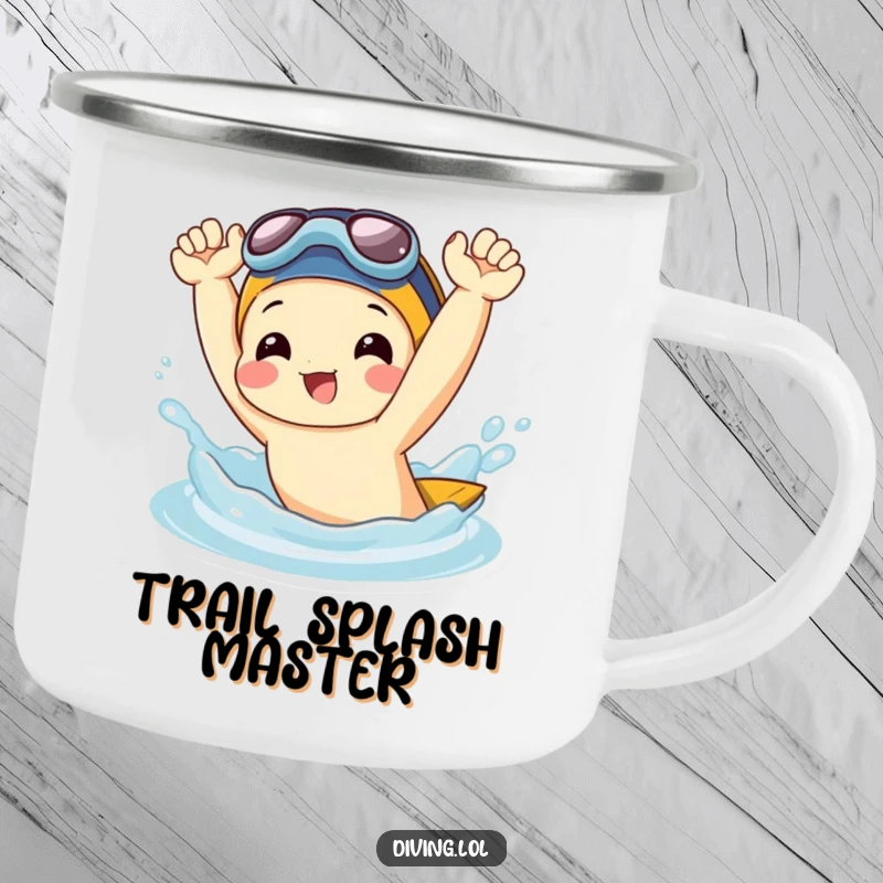 Funny Camping Mug: Joyful character splashing water with flippers held high, designed for adventure and offering a humorous, durable drinking experience.