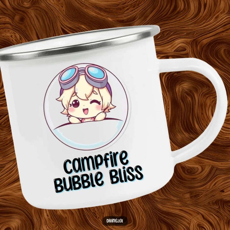 Funny camping mug featuring a cute character emerging from a bubble, goggles askew, smiling gleefully, perfect for outdoor fun.