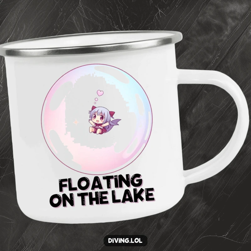 Funny small character camping mug, joyfully riding a giant underwater bubble, a durable and funny drinkware.