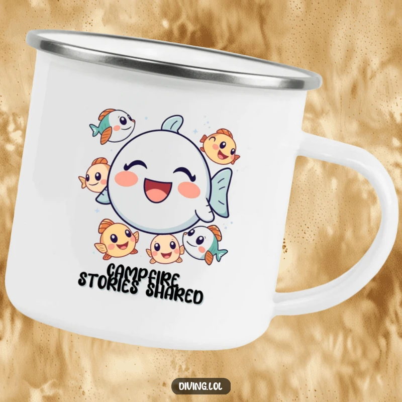 Funny bubbly icon camping mug, laughing surrounded by curious fish, a durable and funny drinkware for outdoor lovers.