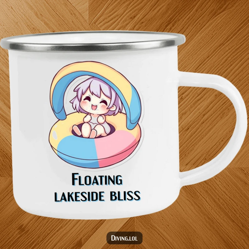 Funny camping mug with a cute character joyfully floating on a colorful inflatable, designed for outdoor relaxation and fun.