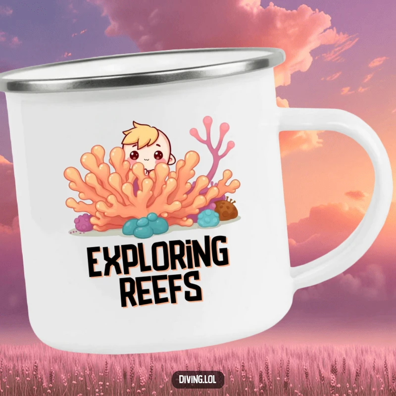 Funny Curious Reef Camping Mug: Tiny character peeks from coral reef, curious eyes, a rugged funny gift.