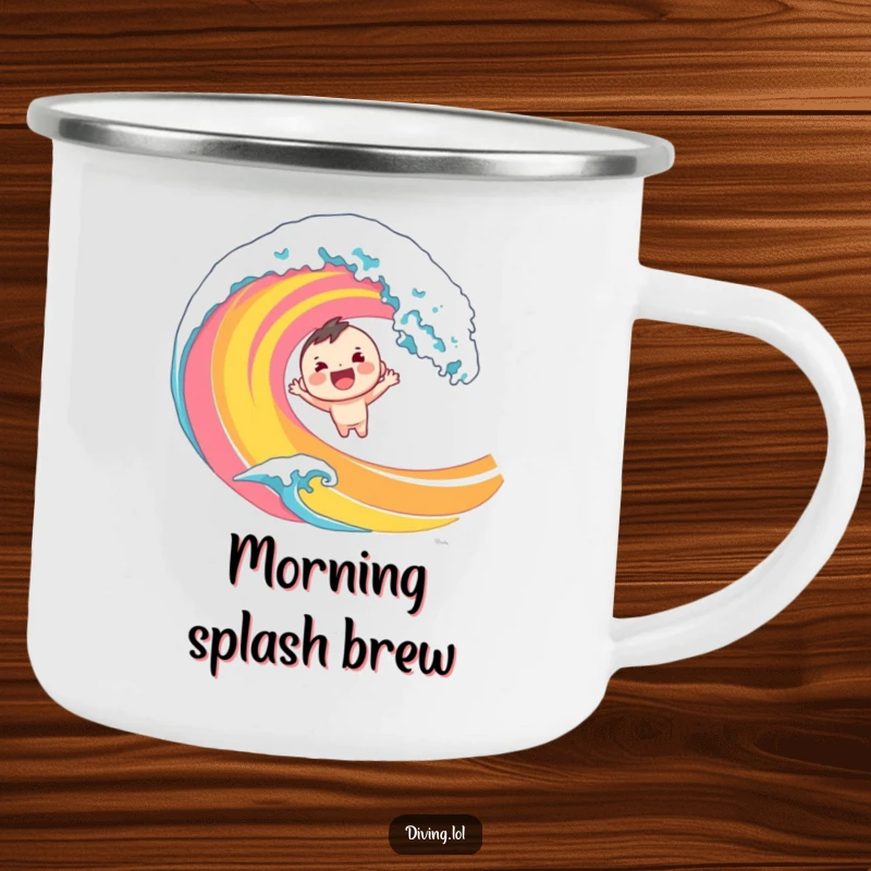 Funny camping mug featuring a cheerful character diving into a vibrant wave. Rugged and humorous for all your outdoor beverages.