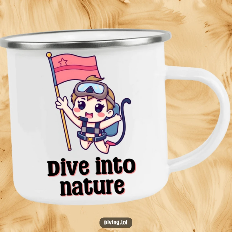 Funny camping mug with a cute character waving from a dive flag, bringing cheerful underwater greetings to outdoor experiences.