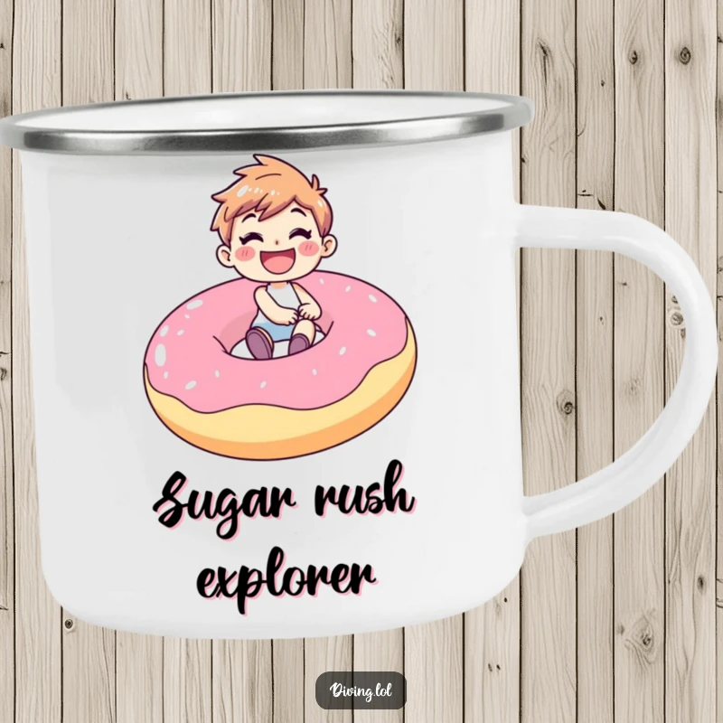 Funny camping mug featuring a joyful character with a gleeful grin, riding a giant inflatable donut, designed for happy outdoor moments.