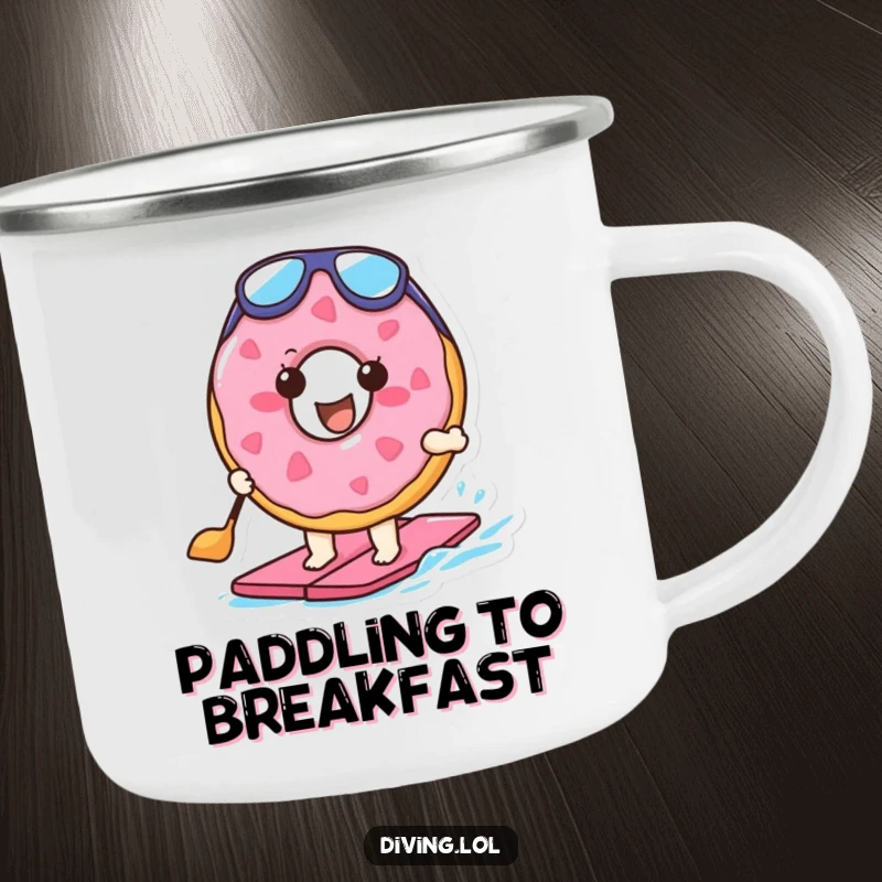 Funny camping mug with a cheerful doughnut character wearing flippers, paddling enthusiastically, built for outdoor adventures.