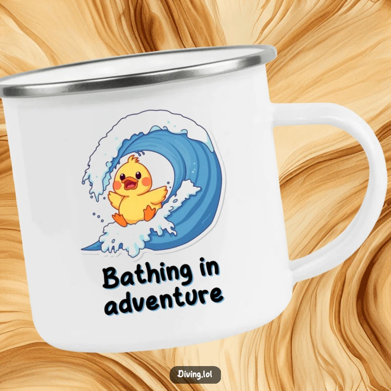 Funny duck wave camping mug depicting a surprised rubber duck character crashing into a giant wave, a durable and humorous travel mug.