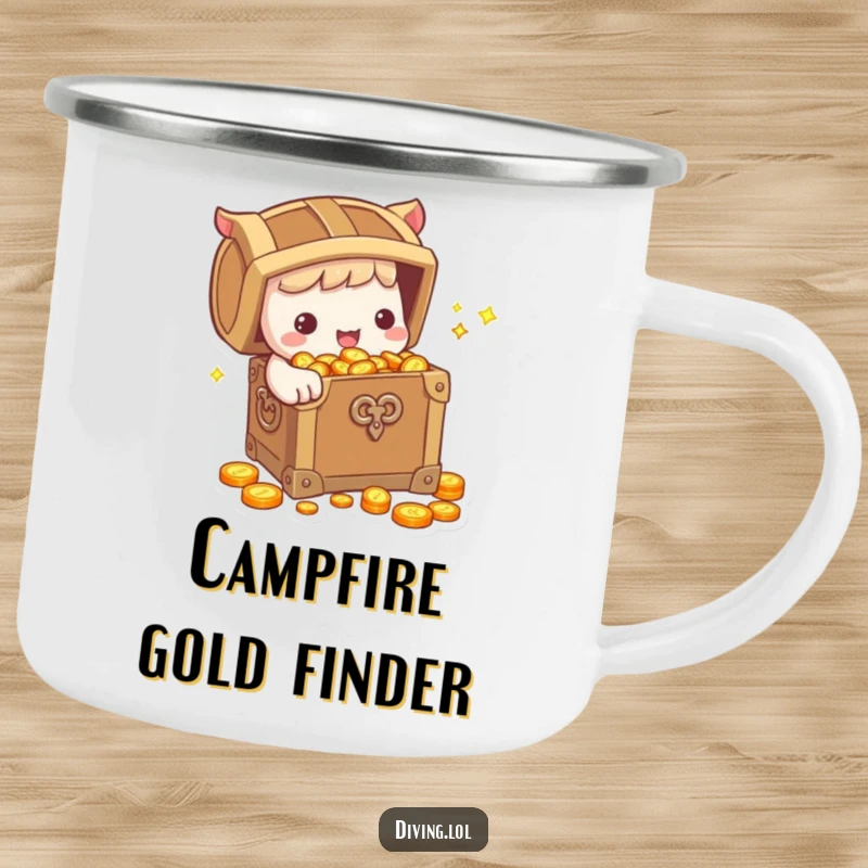 Funny Camping Mug: Cute character holding a treasure chest overflowing with sparkling coins, designed for adventure and offering a humorous, durable drinking experience.