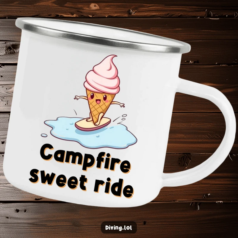 Funny camping mug showing a determined ice cream cone character surfing a melting puddle, built to last.