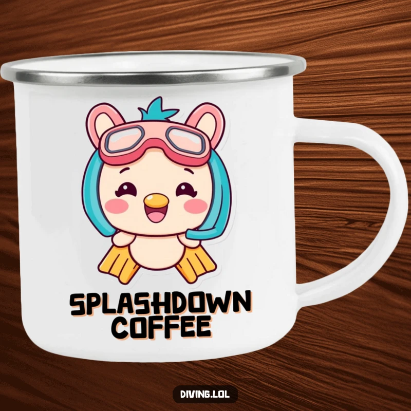 Funny Kawaii Flippers Camping Mug showing a grinning character ready for poolside or campfire adventures, perfect for travelers.