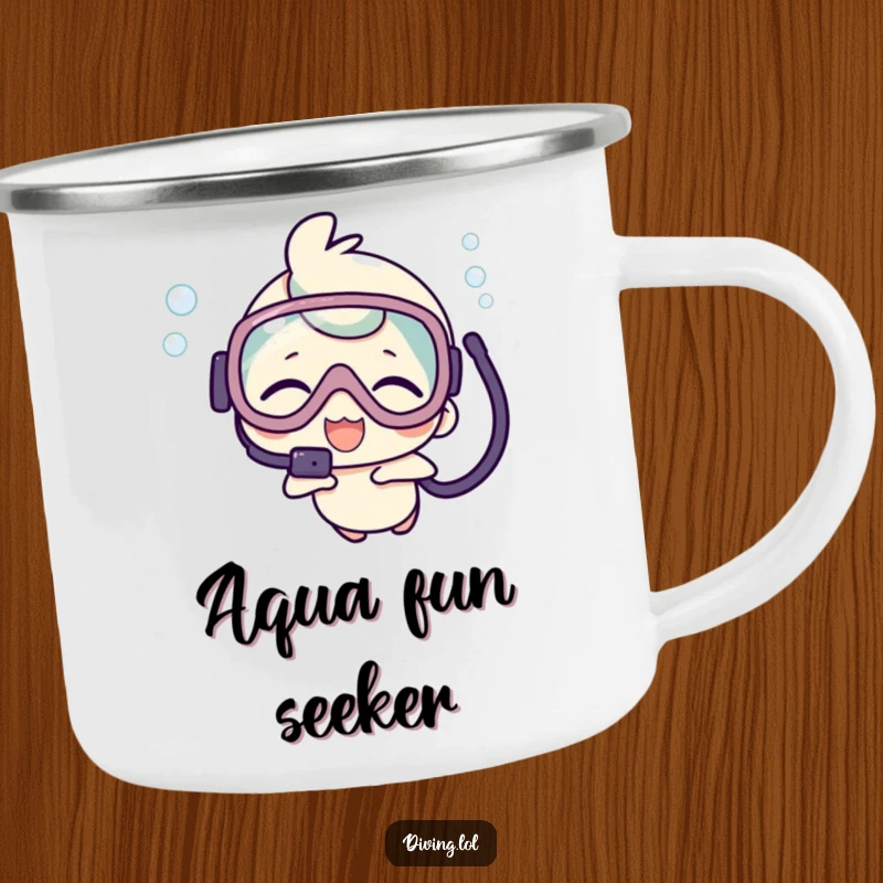 Funny camping mug with a kawaii character in scuba gear, giggling underwater, perfect for outdoor enthusiasts.