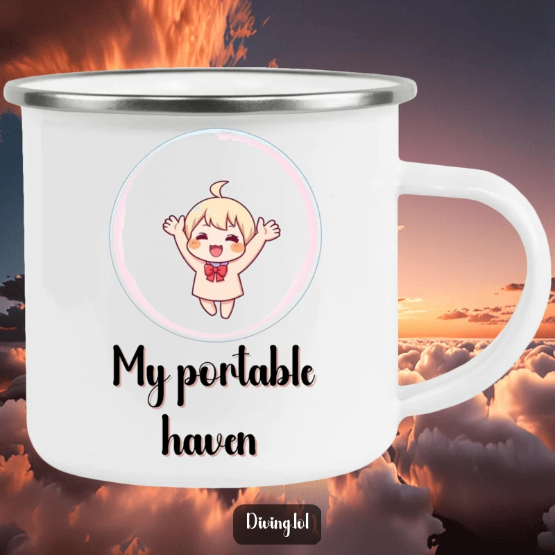 Funny camping mug showing a character waving from inside a large bubble, perfect for outdoor humor.