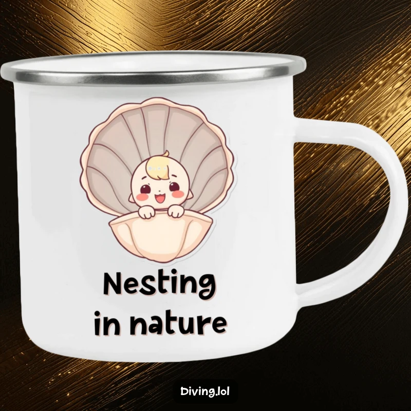 Funny camping mug with a character peeking from a seashell, offering a smile and seaside charm for outdoor enjoyment.