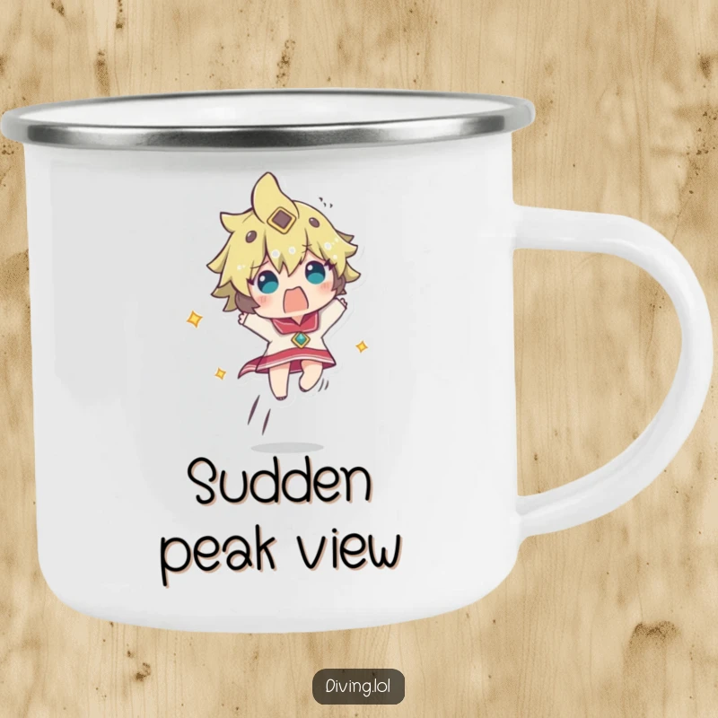 Funny camp mug showcasing a character ascending rapidly, looking comically startled, a humorous outdoor companion.