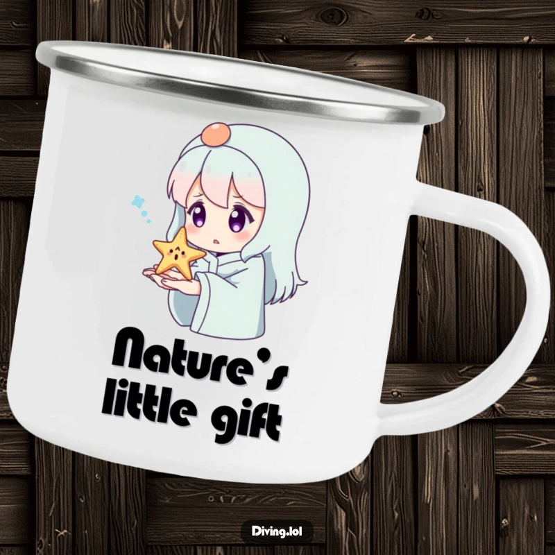 Funny Surprised Starfish Camping Mug: A character looking surprised at a tiny, happy starfish on their hand.