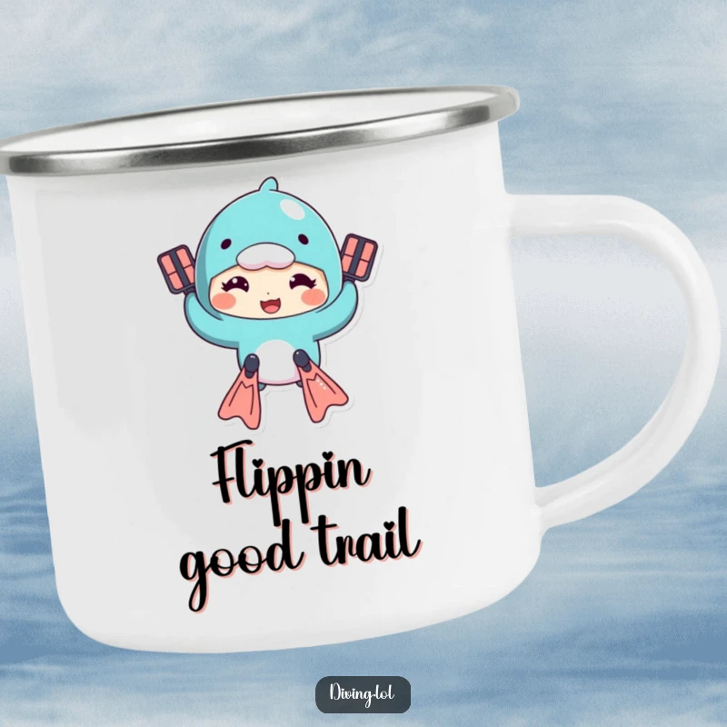 Funny enamel camping mug featuring a character comically swimming with flippers, a goofy expression, perfect for outdoor use.