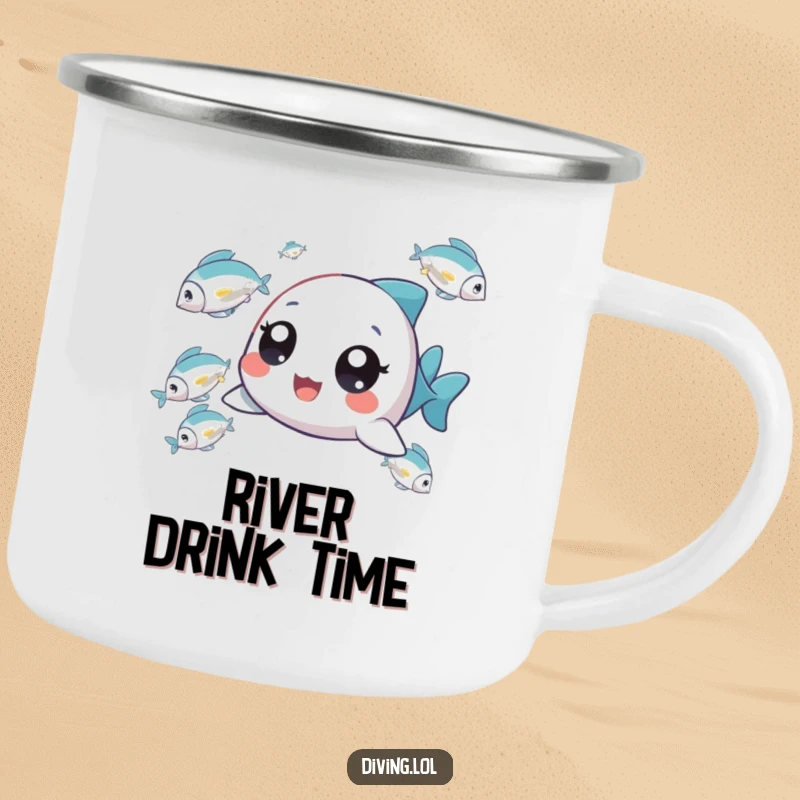 Funny Tiny Fish Chaser Camping Mug showing a delighted character chasing fish during an outdoor adventure, perfect for travelers.