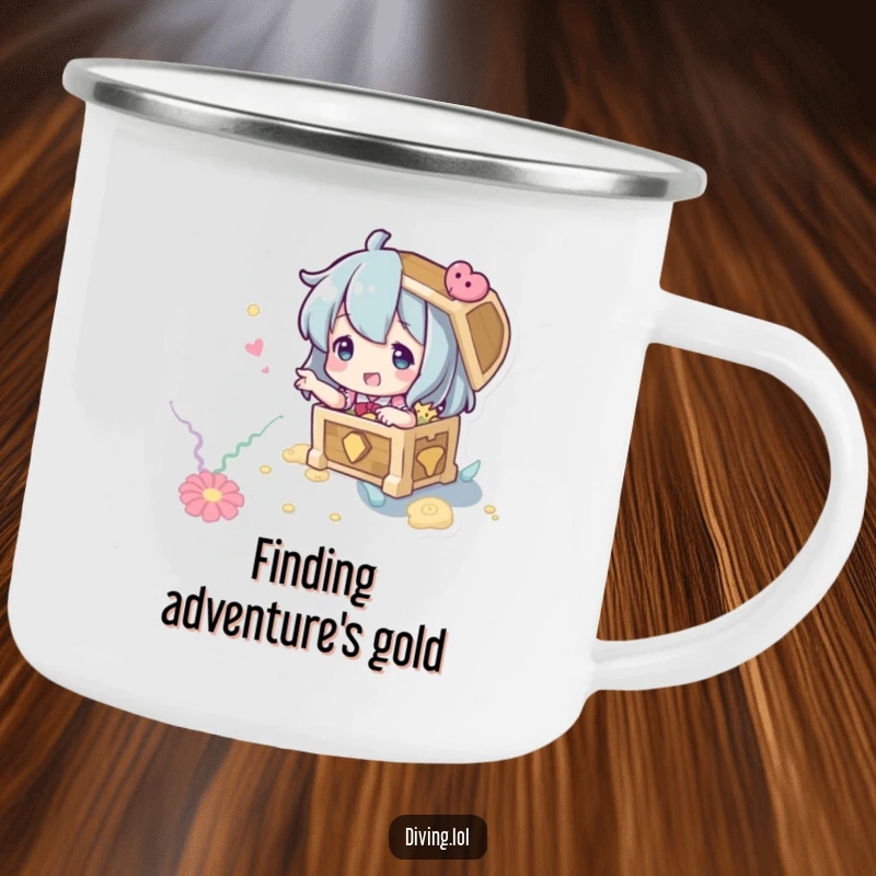 Funny Treasure Hunter Camping Mug: A character playfully gesturing to an imagined treasure chest on the seabed.
