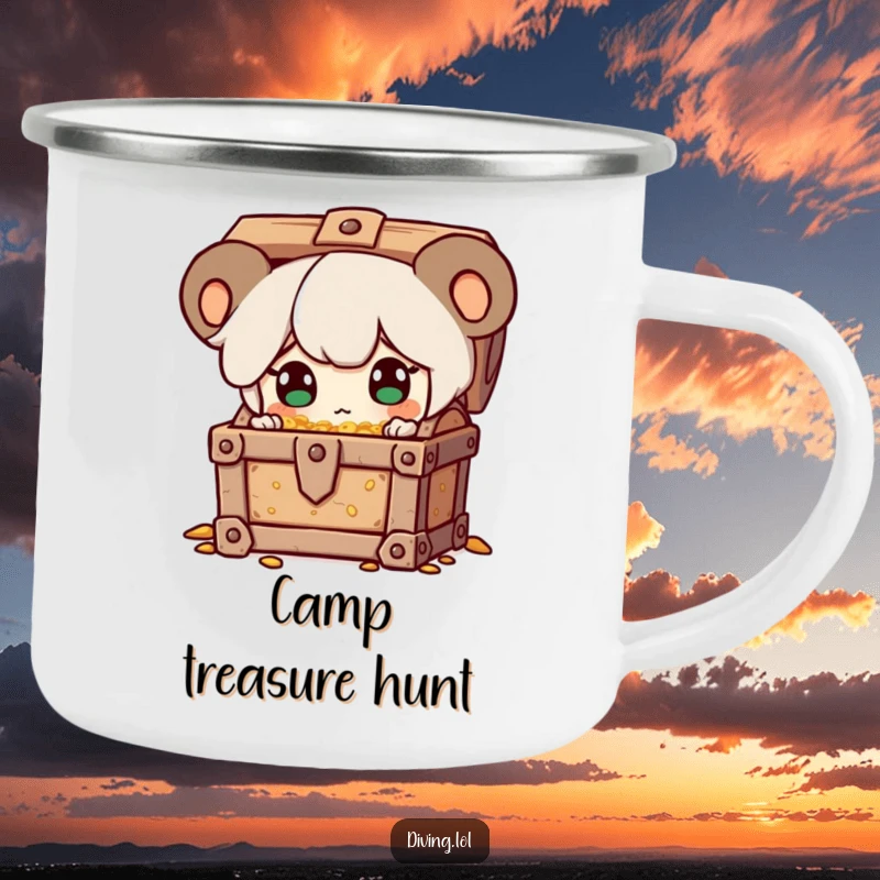 Funny enamel camping mug featuring a character discovering a treasure chest, eyes sparkling with surprise, ready for adventure.