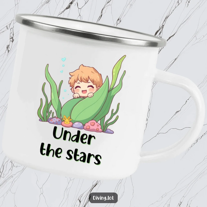 Funny character peeking from behind an underwater plant, for enjoying beverages in the great outdoors with mysterious, aquatic charm.