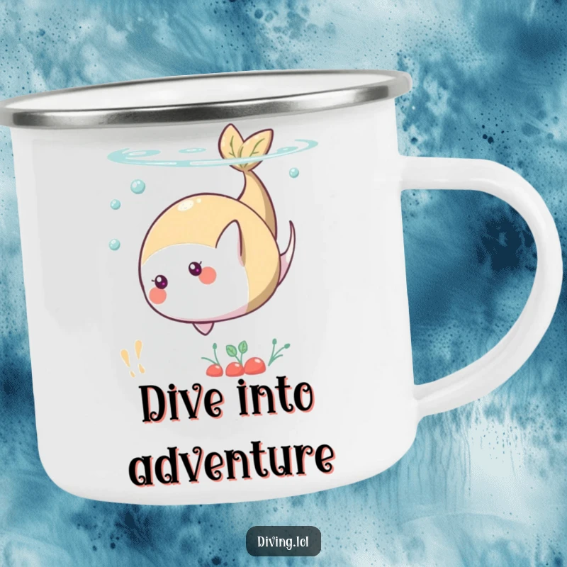 Funny camping mug showing a playful food character doing a somersault underwater, built for outdoor use.