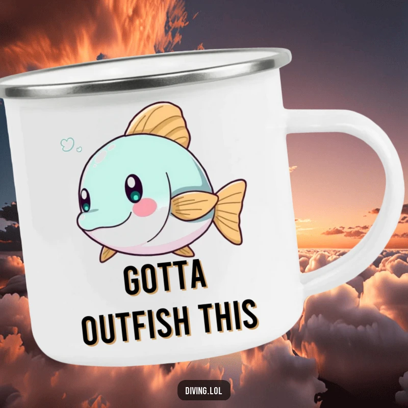 Funny camping mug with a character dodging a playful fish, ready for outdoor hydration and humorous tales.
