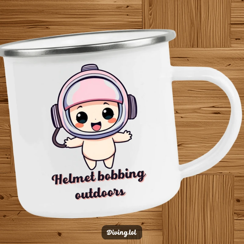Funny diving helmet camping mug showing a character in an oversized helmet, bobbing happily, perfect for enjoying hot beverages during outdoor escapades.