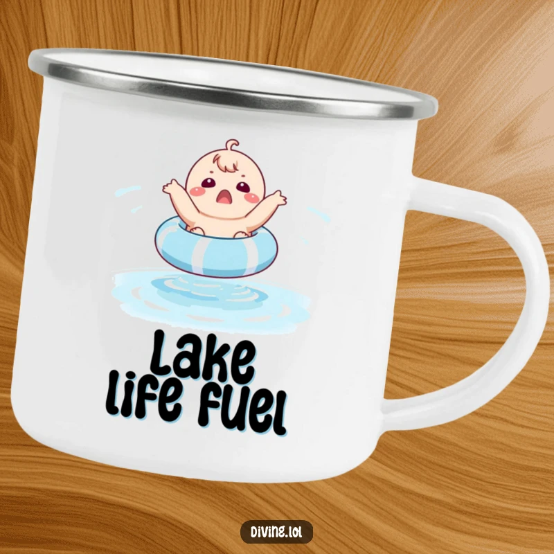 Funny camping mug with a surprised chubby character joyfully bouncing on a pool float, designed for outdoor adventures and laughter.