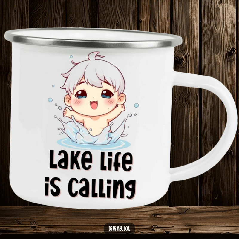 Funny camping mug with a character playfully splashing water, perfect for enjoying beverages during outdoor activities with a fun twist.