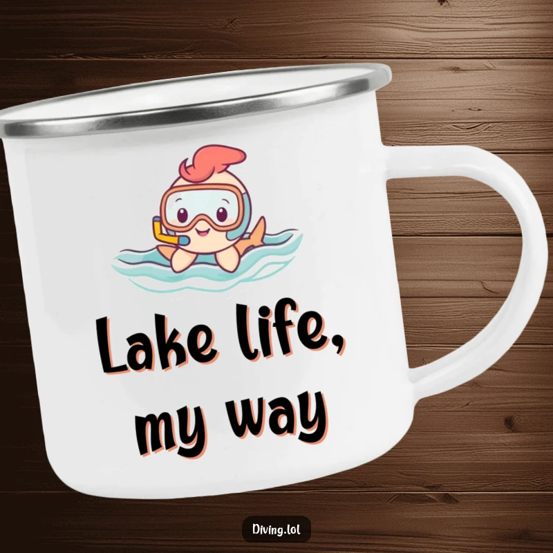 Funny camping mug featuring a small, happy character with a snorkel gracefully gliding through wavy water, bringing cozy aquatic vibes outdoors.