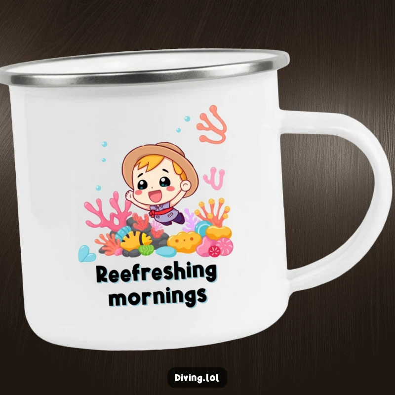 Funny Camping Mug with an enthusiastic diver exploring a colorful coral reef, perfect for sipping drinks outdoors.