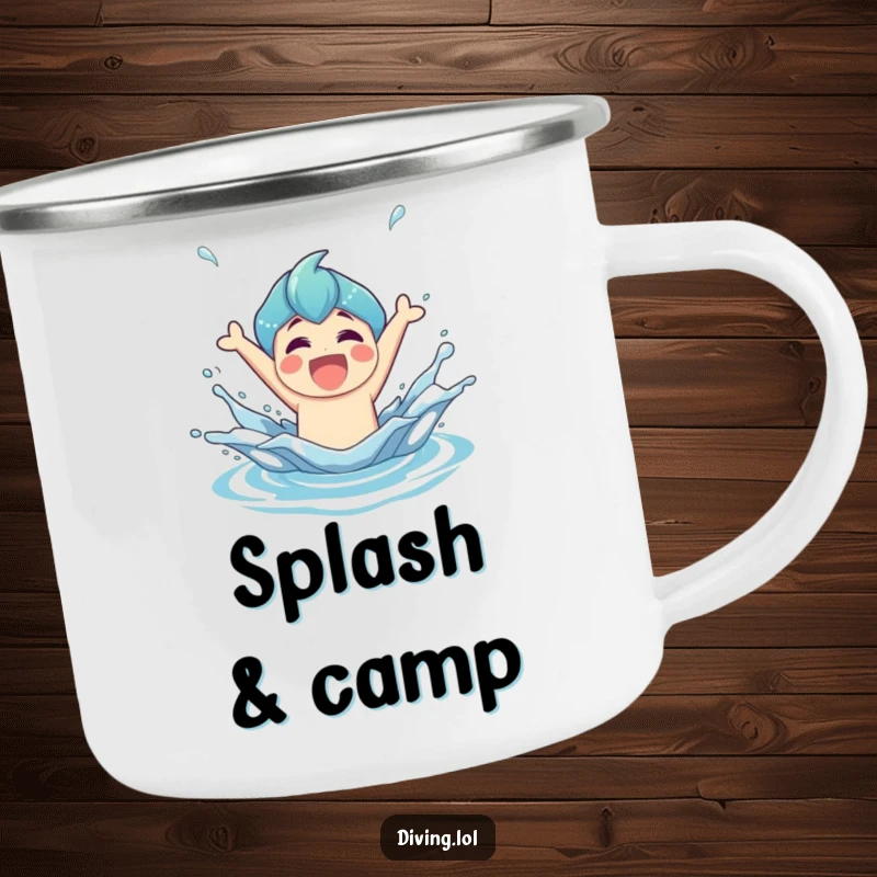 Funny Camping Mug with a joyful character triumphantly bursting from water with a splash, for outdoor inspiration.