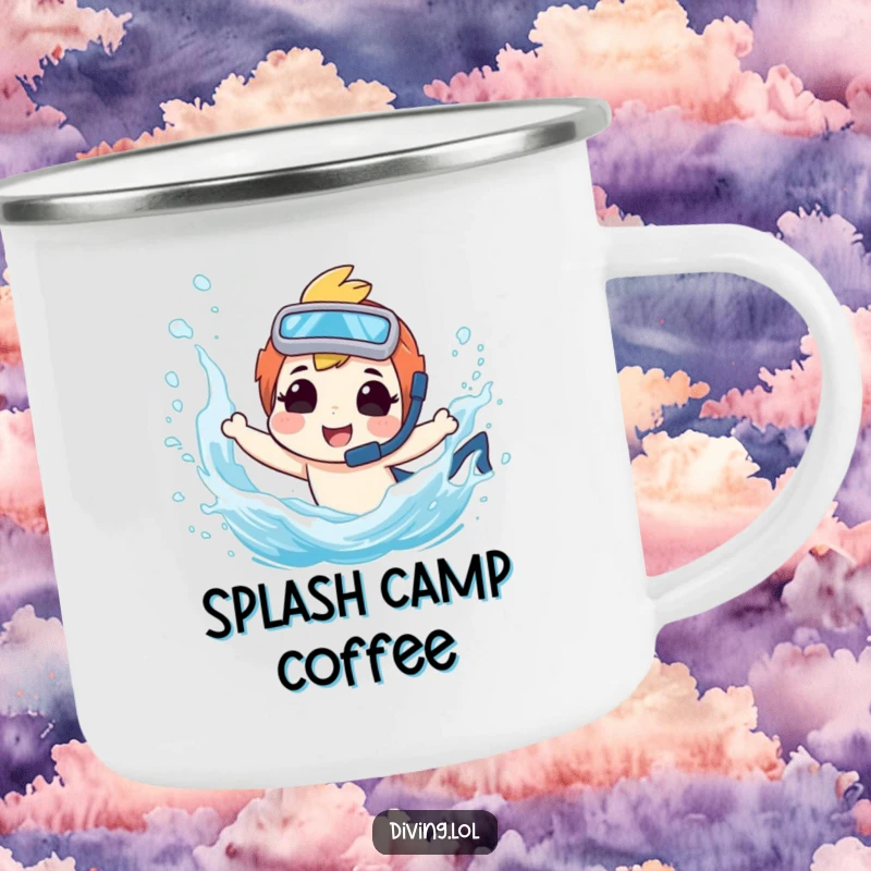 Funny enamel camping mug featuring a diver character splashing playfully, ready for any outdoor escapade.