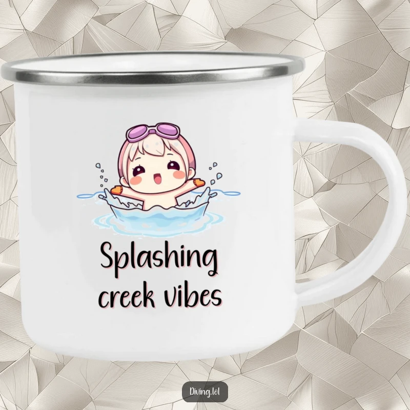 Funny camping mug with a character playfully splashing water while wearing flippers, designed for summer outdoor fun.