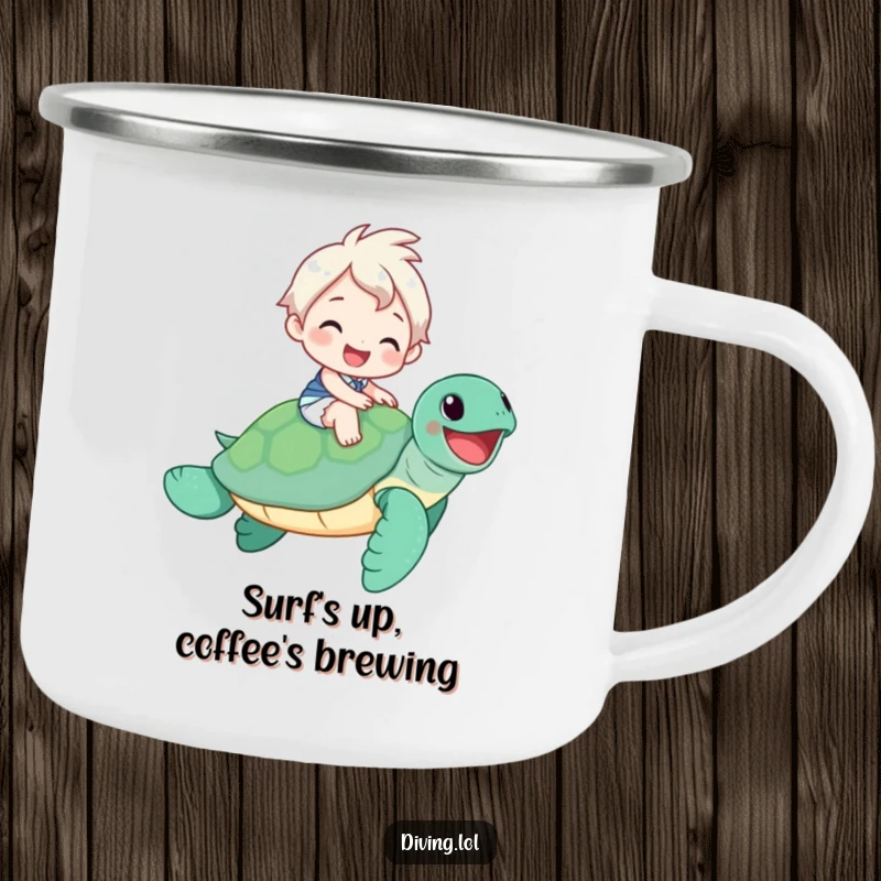 Funny Camping Mug: Cheerful character riding a smiling sea turtle, designed for happy outdoor sipping and adventures.