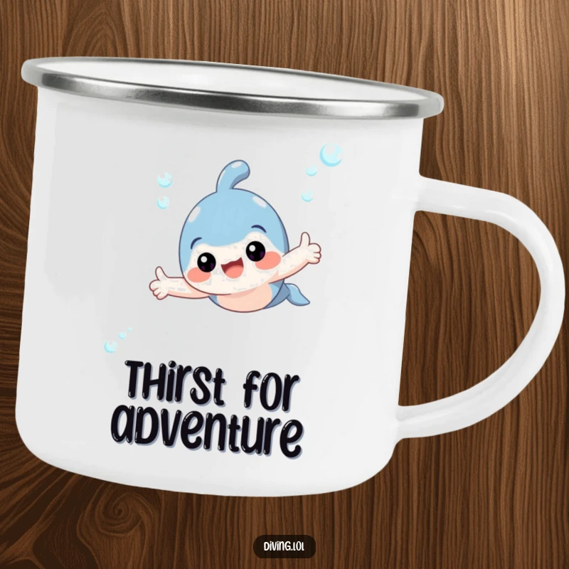 Funny camping mug featuring a happy swimming character giving a thumbs up underwater, perfect for enjoying beverages outdoors.