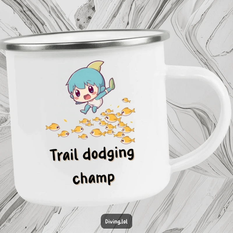 Funny camping mug of a character in a surprised leap, playfully dodging a school of tiny fish.