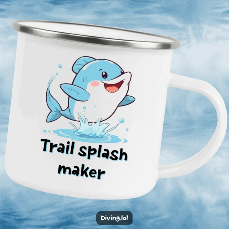 Funny fins camping mug showing a character gleefully kicking their fins, creating a spray of water, perfect for enjoying hot beverages during outdoor escapades.